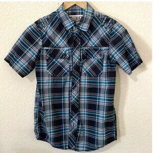 Helix plaid button up shirt - black gray teal blue Size Boys Medium